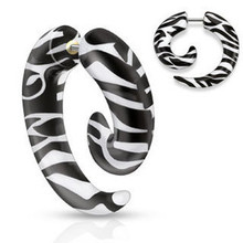 PAIR Zebra Black White 0g FAKE CHEATER PLUGS GAUGE SPIRALS 16g - fit normal ear