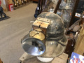 SOLD  Antique miners leather helmet and carbide lamp.