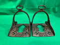 *SOLD* Mexican stirrups, vintage w/ lots of ornate detail & decoration blacken brass!  *SOLD*