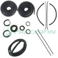 Models with chrome windshield trim- glue on door seal, upper channels, windshield seal with seamed division bar, beltline kit, rear window seal. Weatherstripping kits come with a Lifetime Warranty from Precision Restoration!