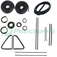 Models with chrome windshield trim - glue on door seal, upper channels, division post glass run, vent seal kit, windshield seal with seamed division bar, beltline kit, rear window seal. Weatherstripping kits come with a Lifetime Warranty from Precision Restoration!
