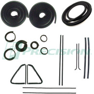 Models with chrome sindshield trim - glue on door seal, upper channels, division post glass run, vent seal kit, windshield seal, beltline kit, rear window seal.  Weatherstripping kit comes with Lifetime Warranty frrom Precision Restoration!
