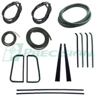 Models with chrome windshield trim - door seals with clips and mitered corners, upper channels, division post Reliner, vent seal kit, windshield seal, beltline kit, rear window seal. Weatherstripping kits come with Lifetime Warranty from Precision Restoration!
