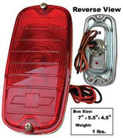 This fleetside tail lamp assembly with bowtie fits 1960-66 Chevrolet pickup trucks.
