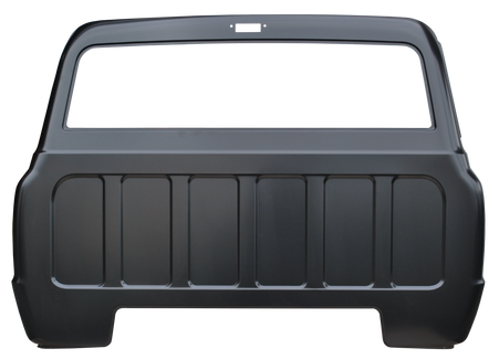This full cab back panel with large back glass opening and cargo light hole fits 1967-72 Chevrolet and GMC Pickup Trucks.