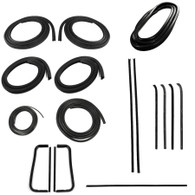 This Precision Restoration Parts weatherstrip kit comes with a lifetime warranty and fits 1960-63 Chevrolet and GMC Pickup trucks without trim. Kit includes: "PRESS ON" style door seal, upper channel, division post glass run, vent seal kit, rear window seal, windshield seal, beltline kit - for models with black windshield, black rear window trim, without metal framed glass, and all black beltline moldings.