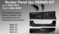 Rocker panel 5 piece repair kit, driver's side. Kit includes: cab floor front support, outer cab corner, full rocker panel, rocker panel backing plate and outer floor pan repair piece. It fits 1973-1987 Chevrolet and GMC pickup trucks, 1973-1991 Chevrolet Blazer, and 1973-1991 GMC Jimmy
