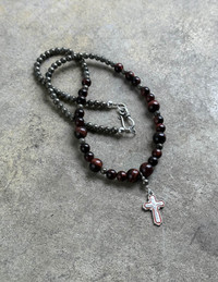 VINTAGE EASTERN CRUCIFIX RED TIGER EYE/PYRITE NECKLACE 5.22.25.7