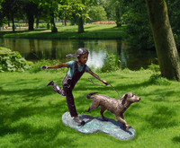 NEW! 868 Little Girl Running With Dog- Bronze Statue