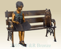 808 Girl With Cat On Bench- Bronze Sculpture
