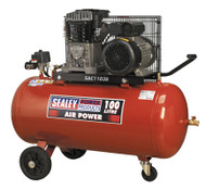Sealey SAC1103B Compressor 100ltr Belt Drive 3hp with Cast Cylinders & Wheels