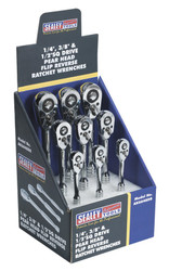 Sealey AK6648DB Ratchet Wrenches 1/4", 3/8" & 1/2"Sq Drive Pear-Head Flip Reverse Display Box of 9