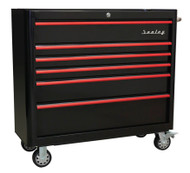 Sealey AP41206BR Rollcab 6 Drawer Wide Retro Style - Black with Red Anodised Drawer Pulls