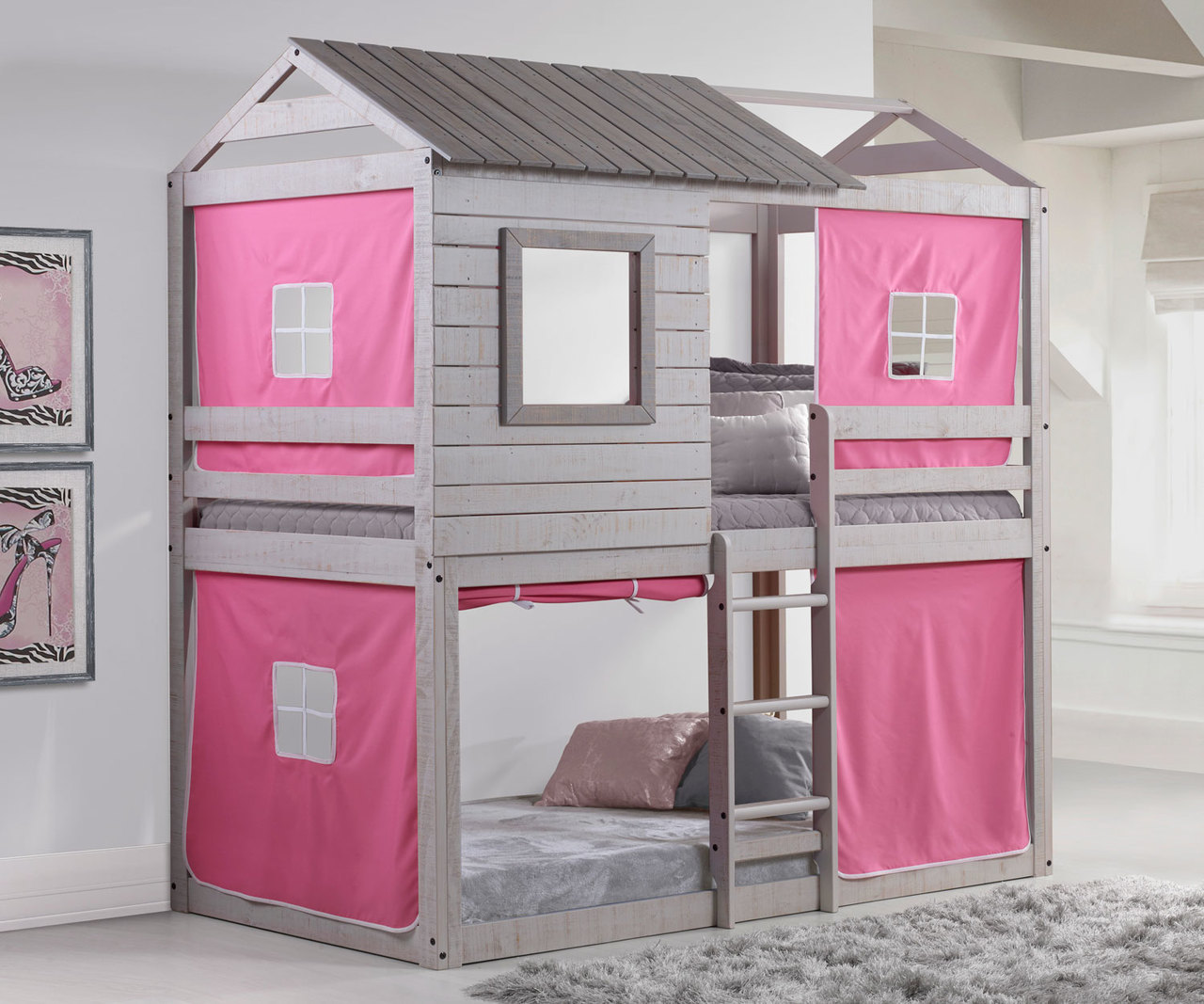 pink bunk bed with desk