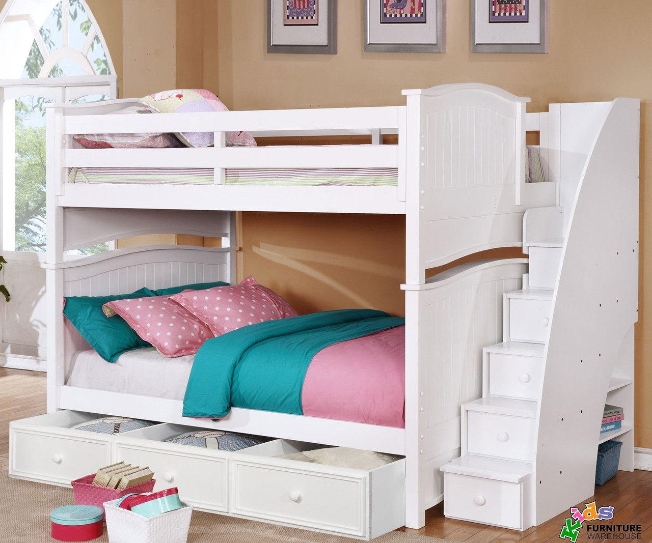 white full over full bunk beds with stairs