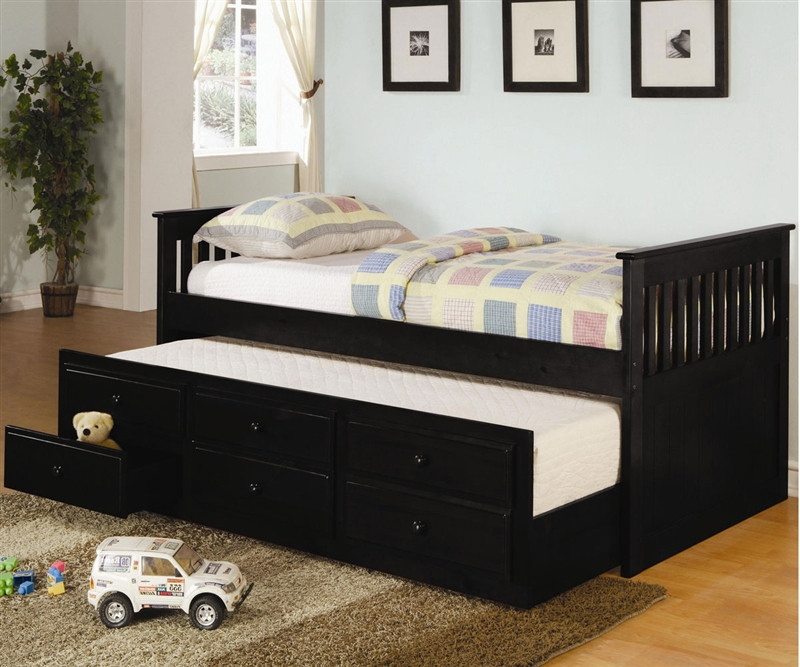 Coaster Black Trundle Captains Bed For Kids With Storage Drawers