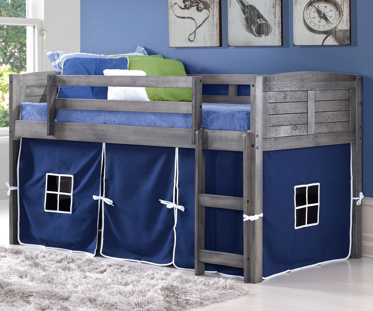 Amherst Low Loft Bed with Blue Tent Antique Grey 790AAG-B ...