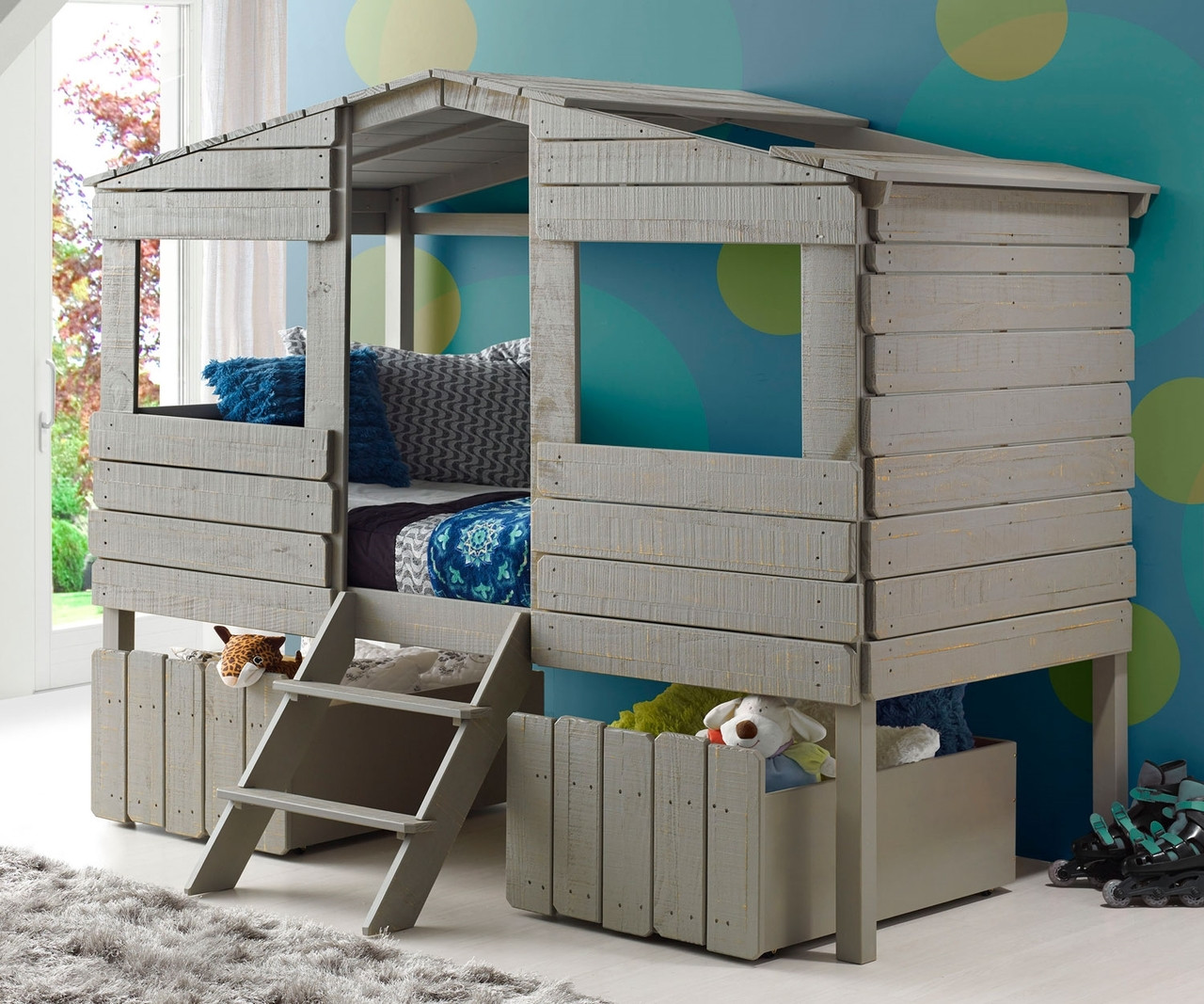 Twin Size My Hideaway Low Loft Bed In Rustic Grey Finish 1380tlrg
