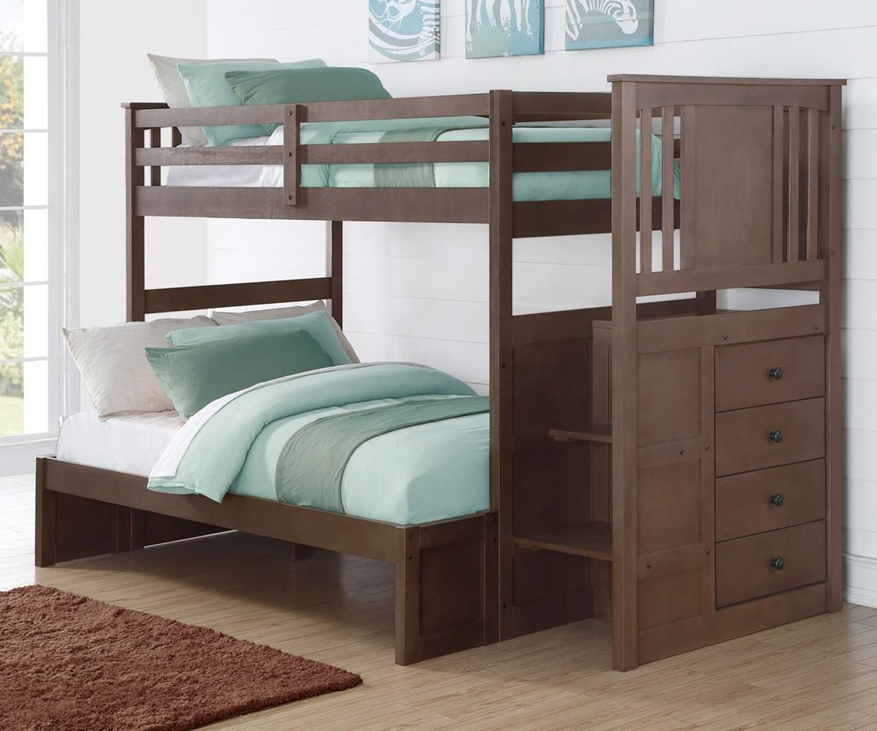 solid wood twin over full bunk bed with stairs