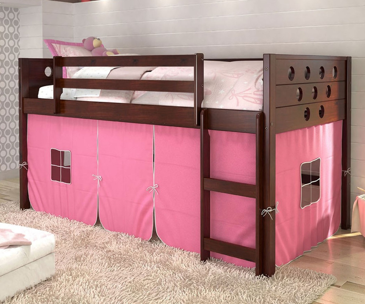 Twin Size Circles Low Loft Bed with Pink Tent in Cappuccino Finish