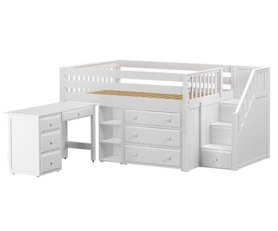 white loft bed with desk and stairs