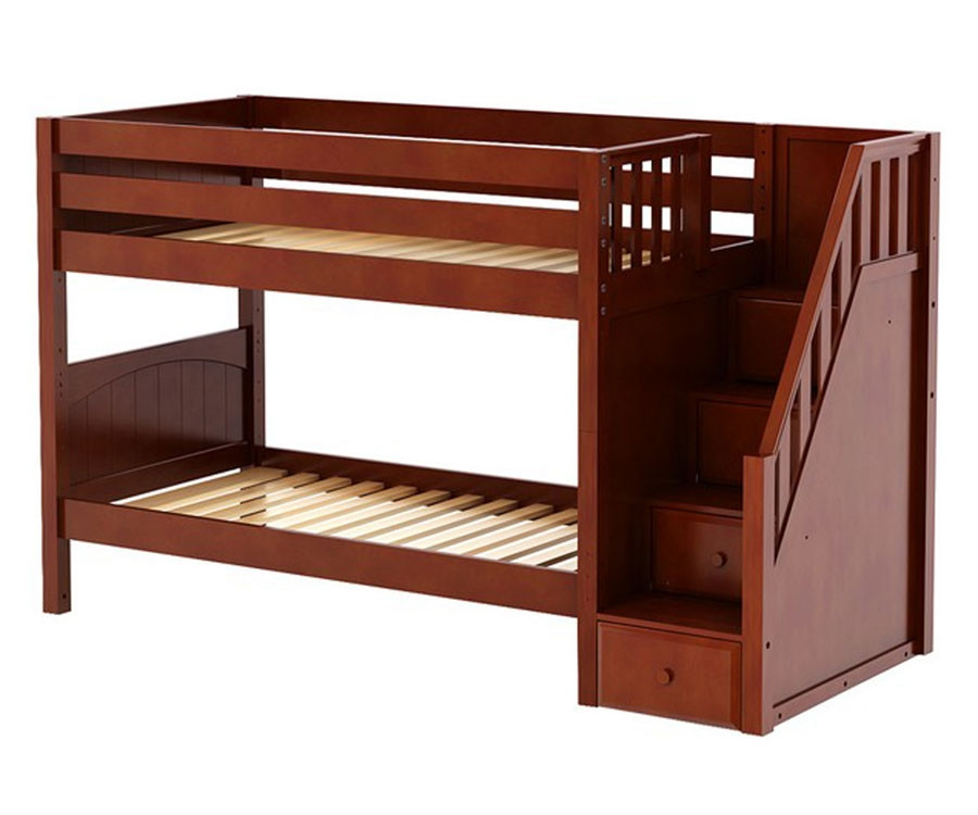 Maxtrix STACKER Low Bunk Bed With Stairs Twin Size Chestnut