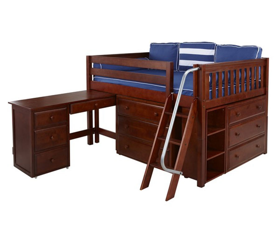 wooden full size loft bed with desk
