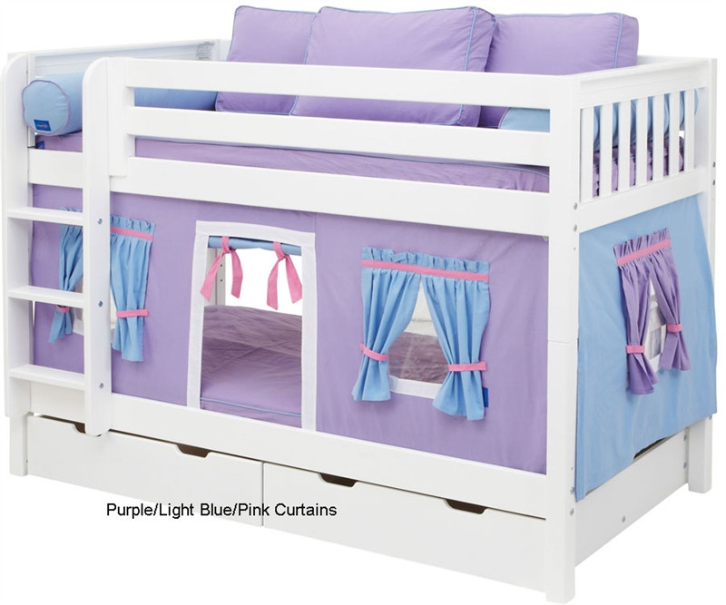 purple bunk bed with desk