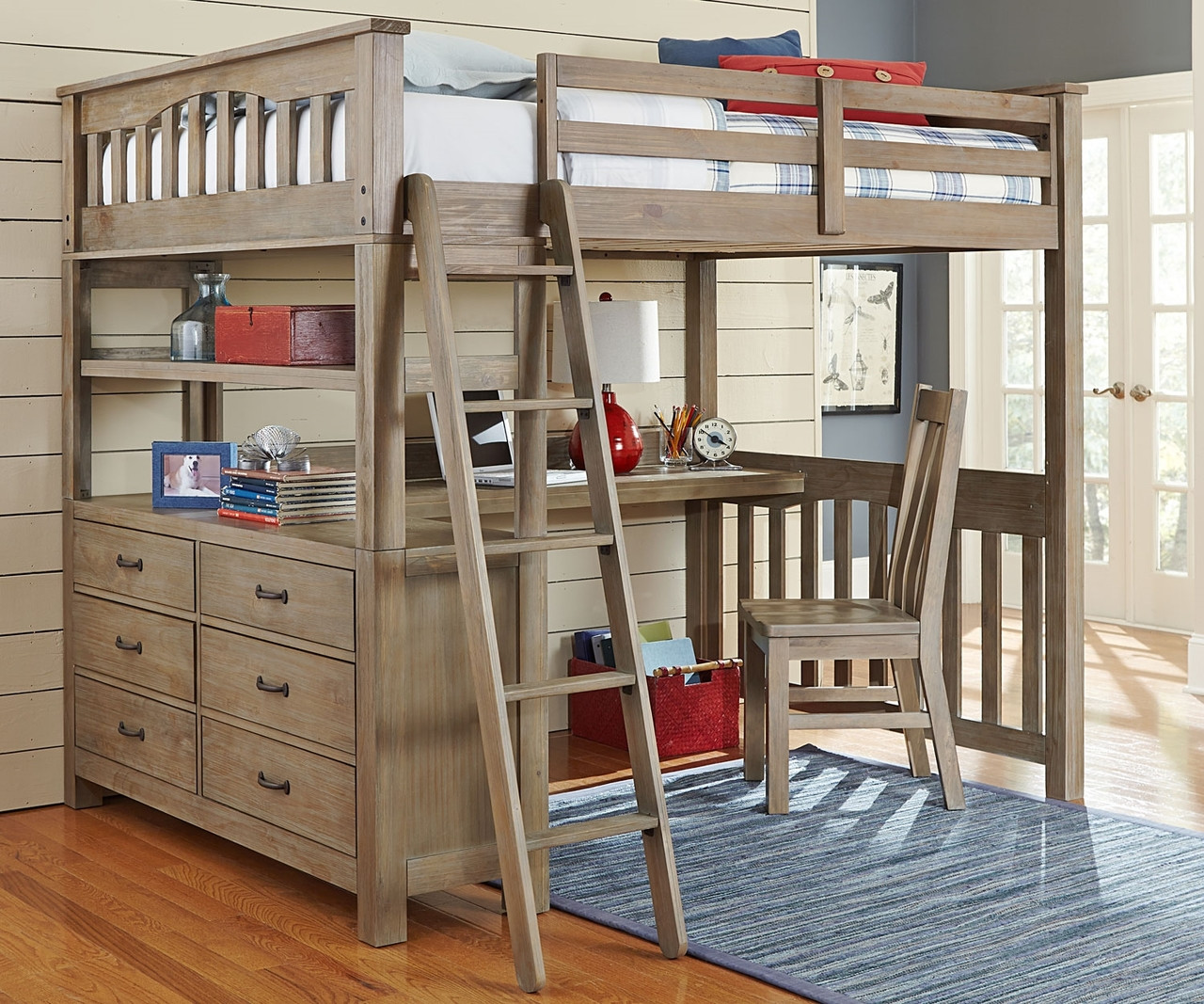 wooden full size loft bed with desk