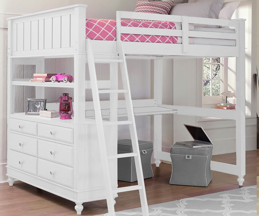 full size white loft bed with desk