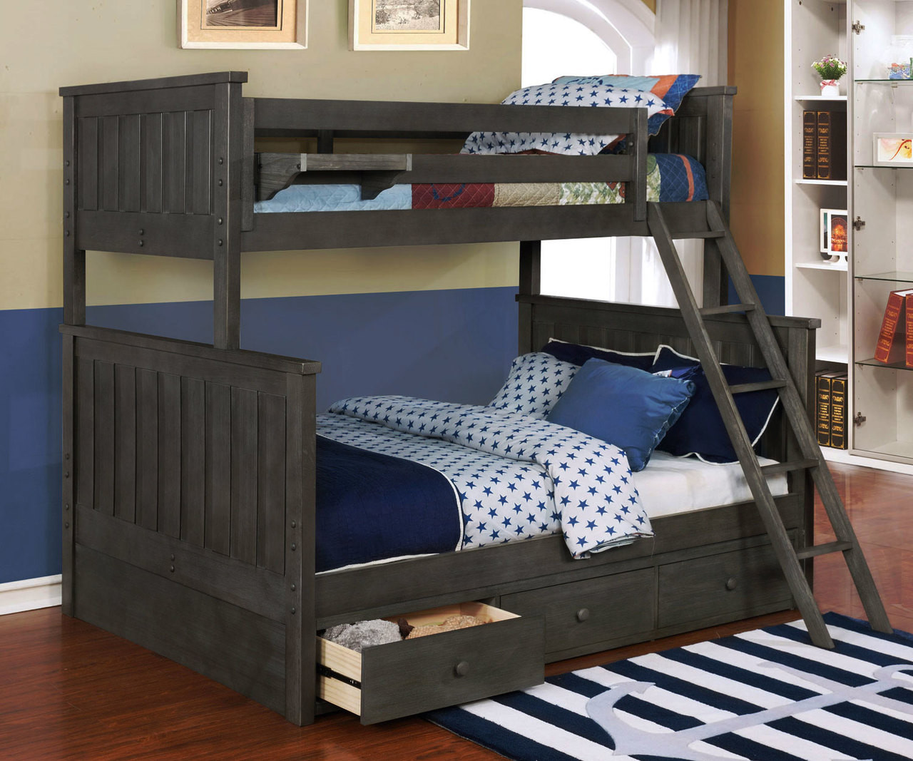 blue twin over full bunk bed