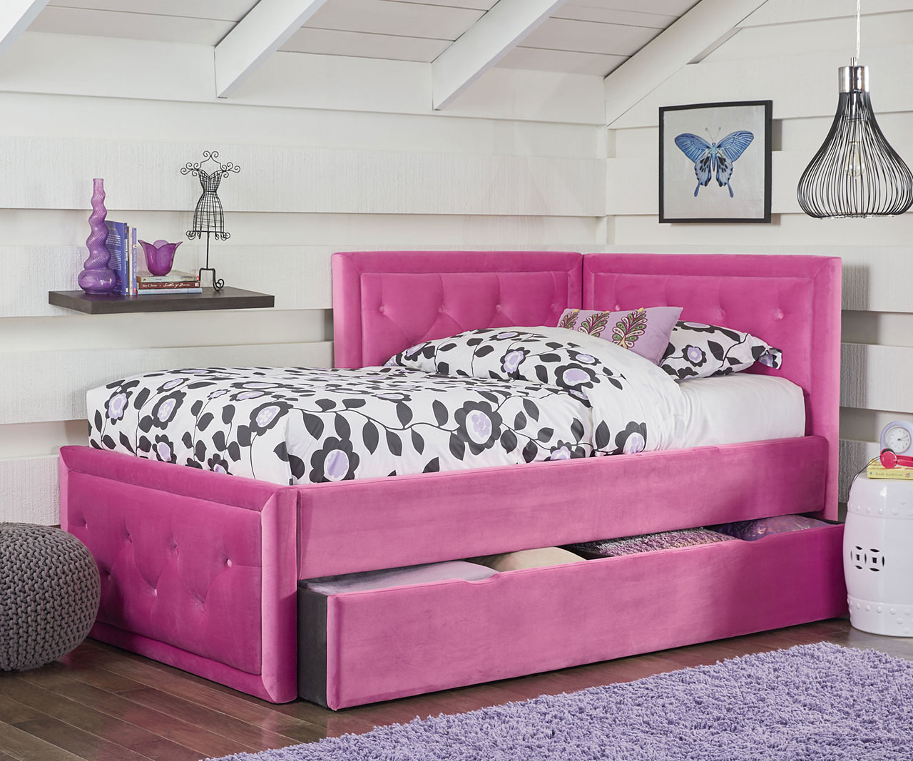 Avery Corner Bed with Trundle in Upholstered Pink 98250 ...