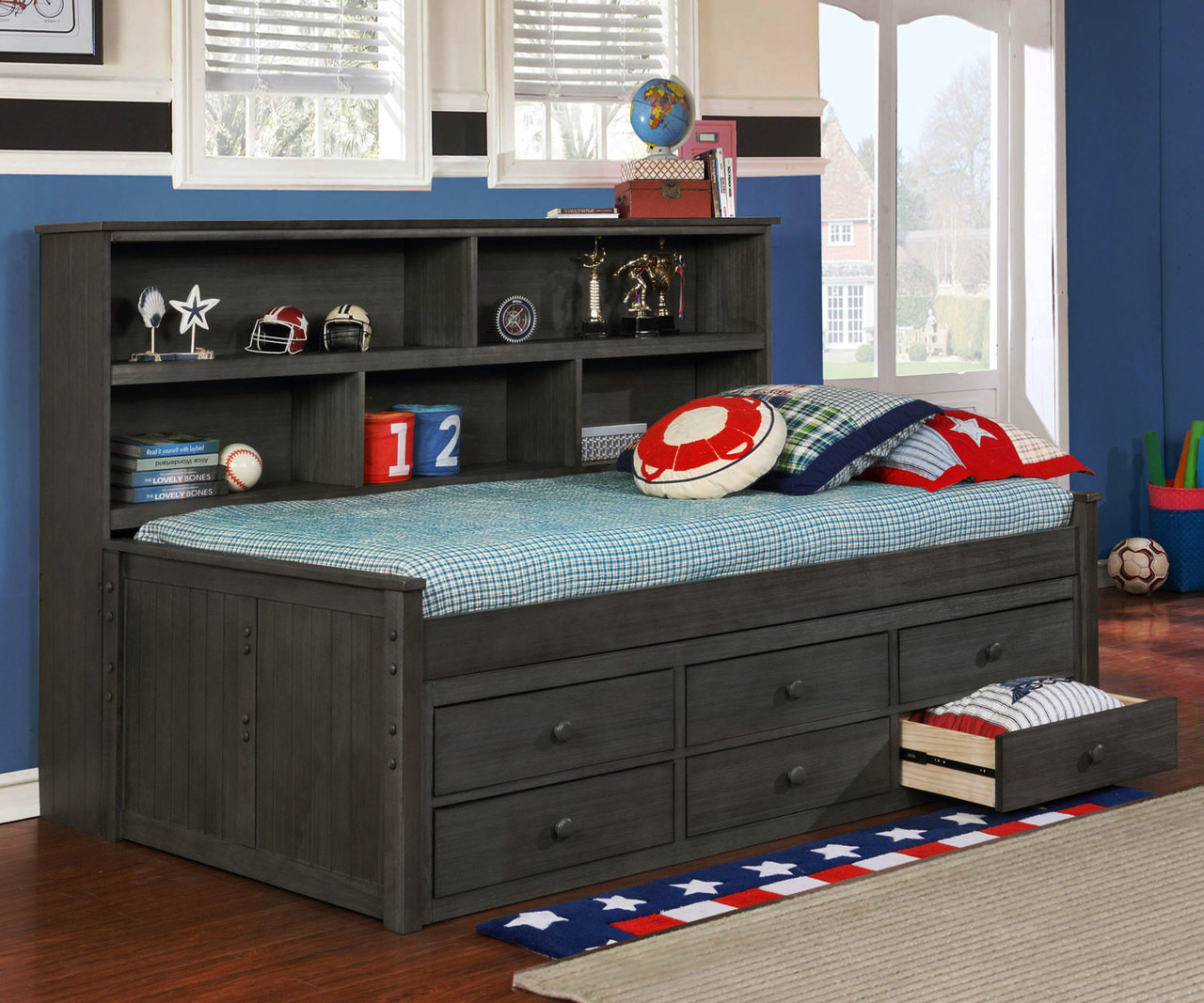 gray twin bed with drawers