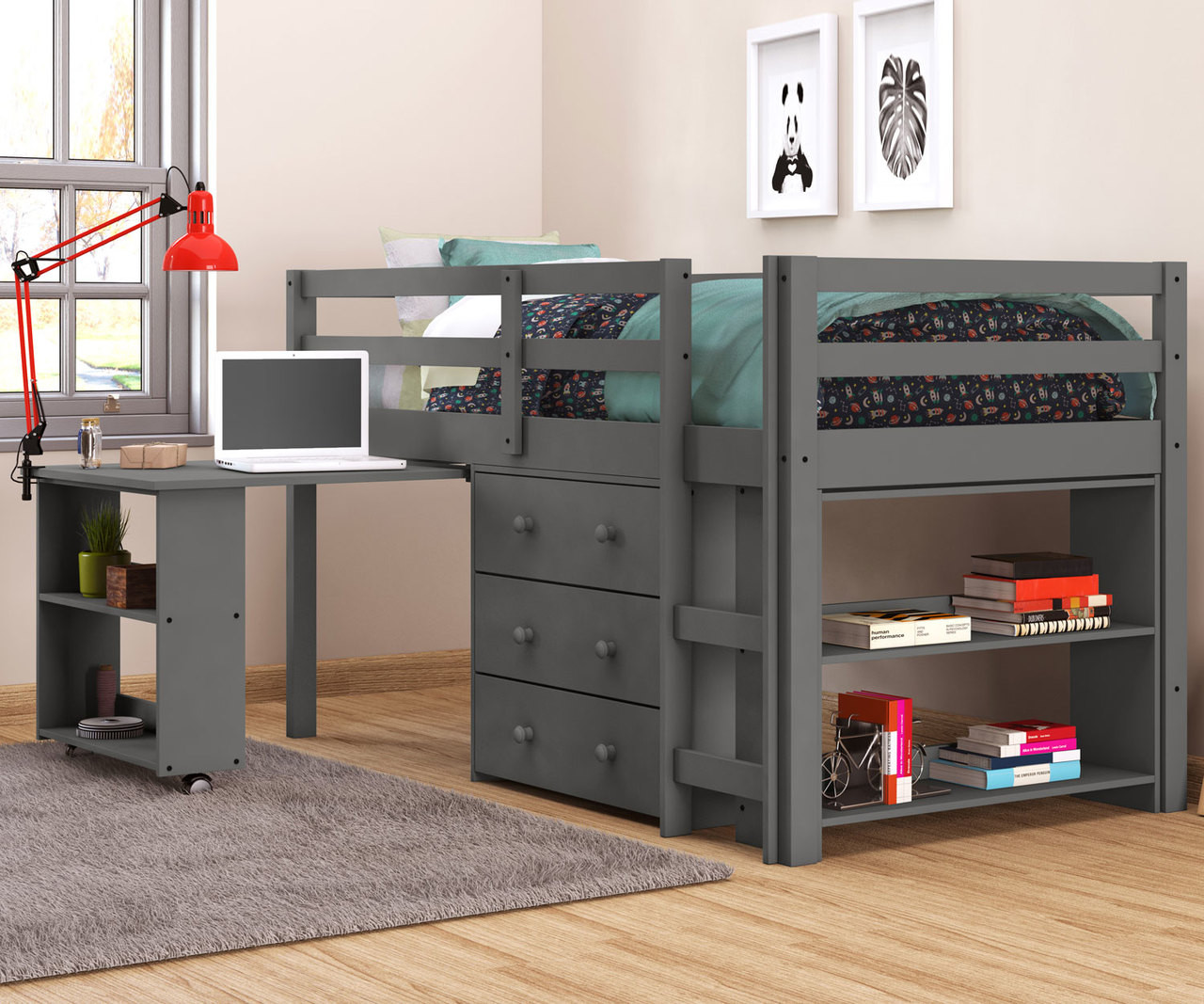 grey bunk bed with desk