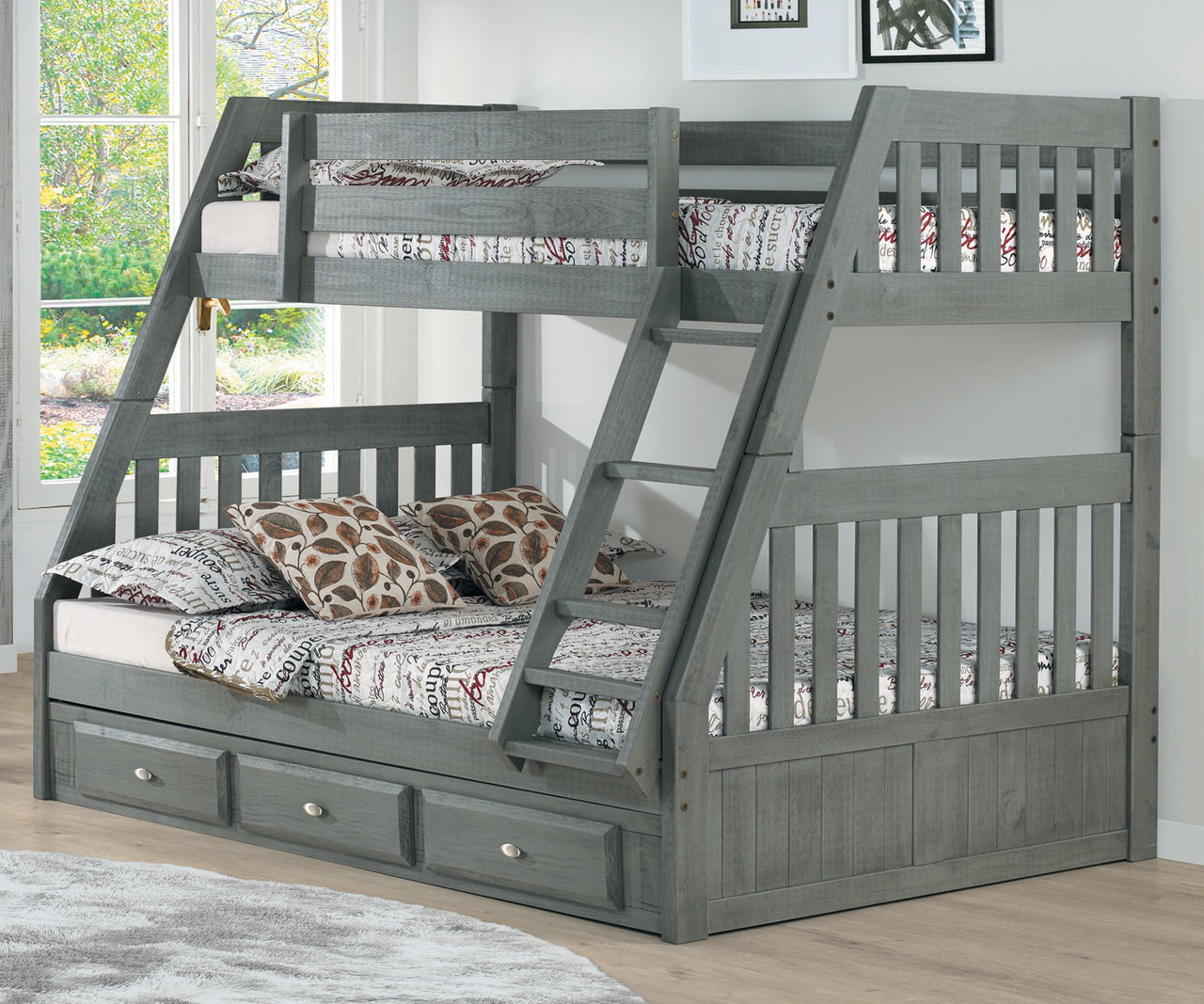 grey bunk beds with stairs