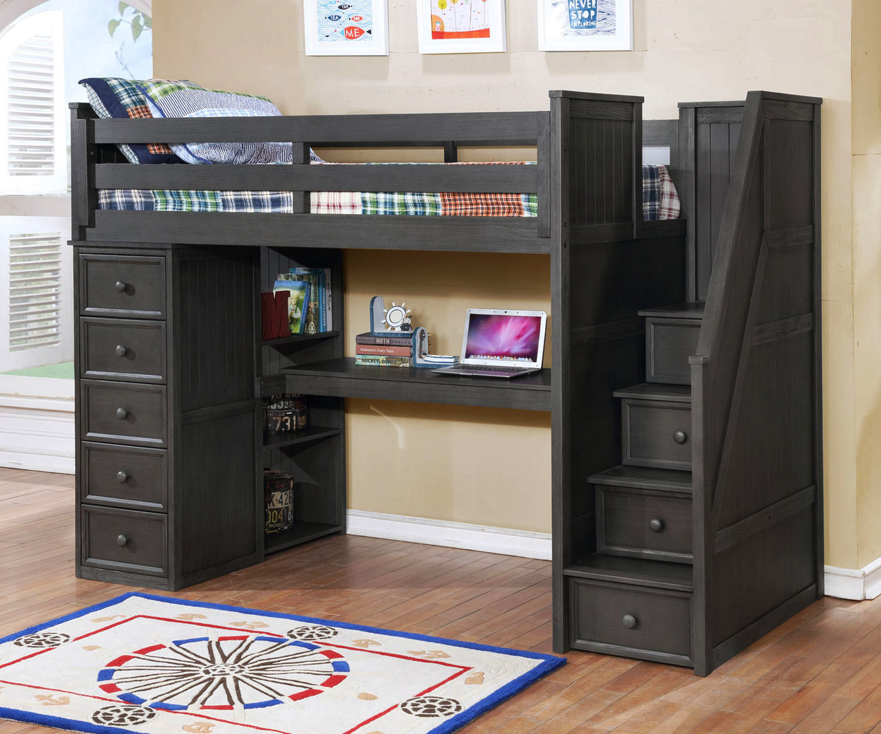 Multifunction Twin Size Loft Bed With Desk In Driftwood Gray Allen