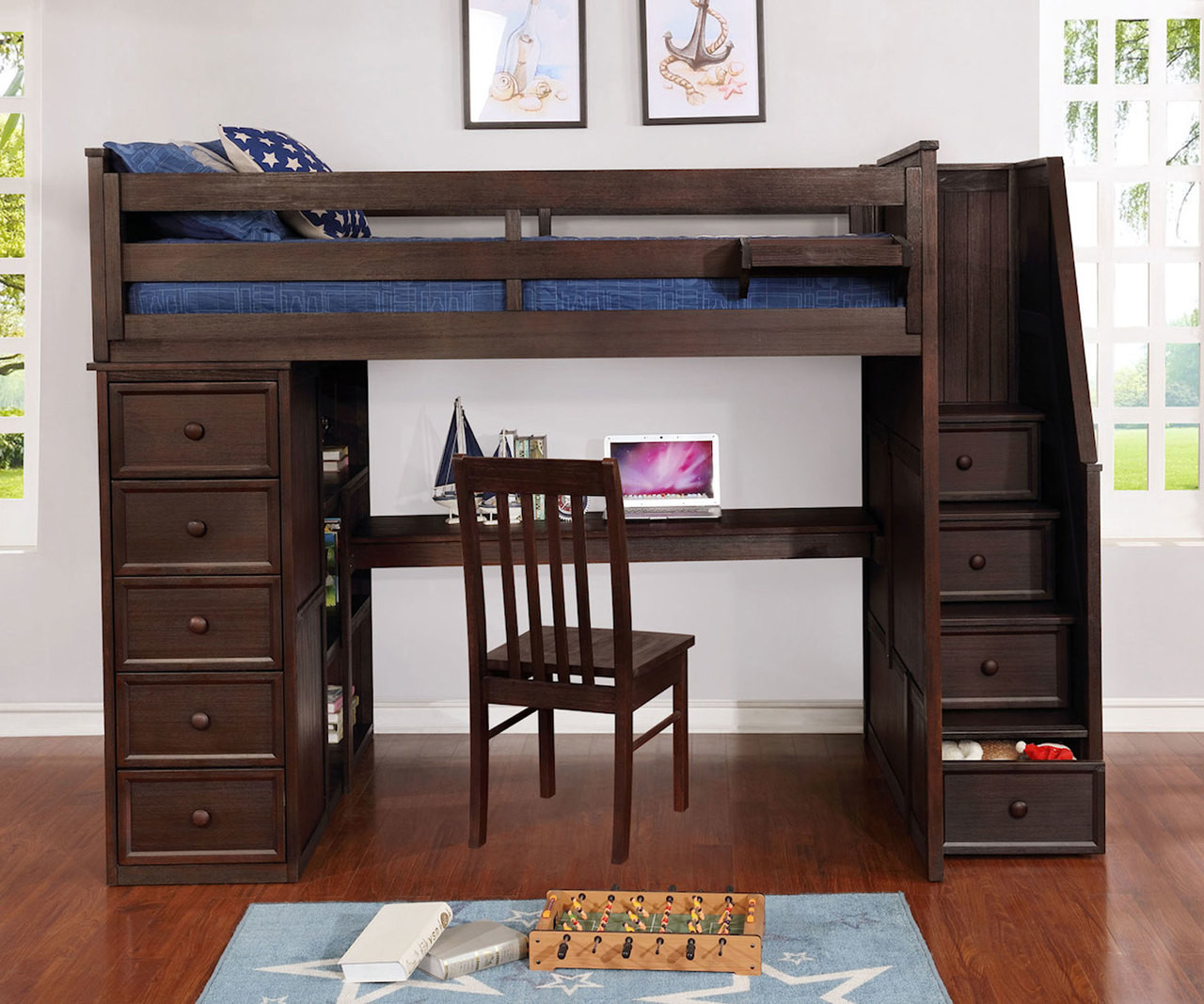 Multifunction Twin Size Loft Bed With Desk In Weathered Espresso