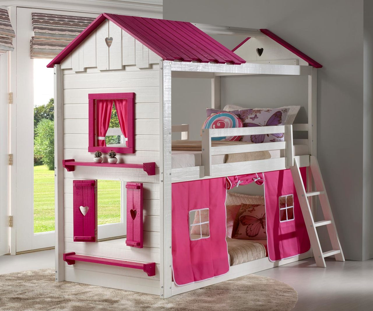pink bunk bed with slide