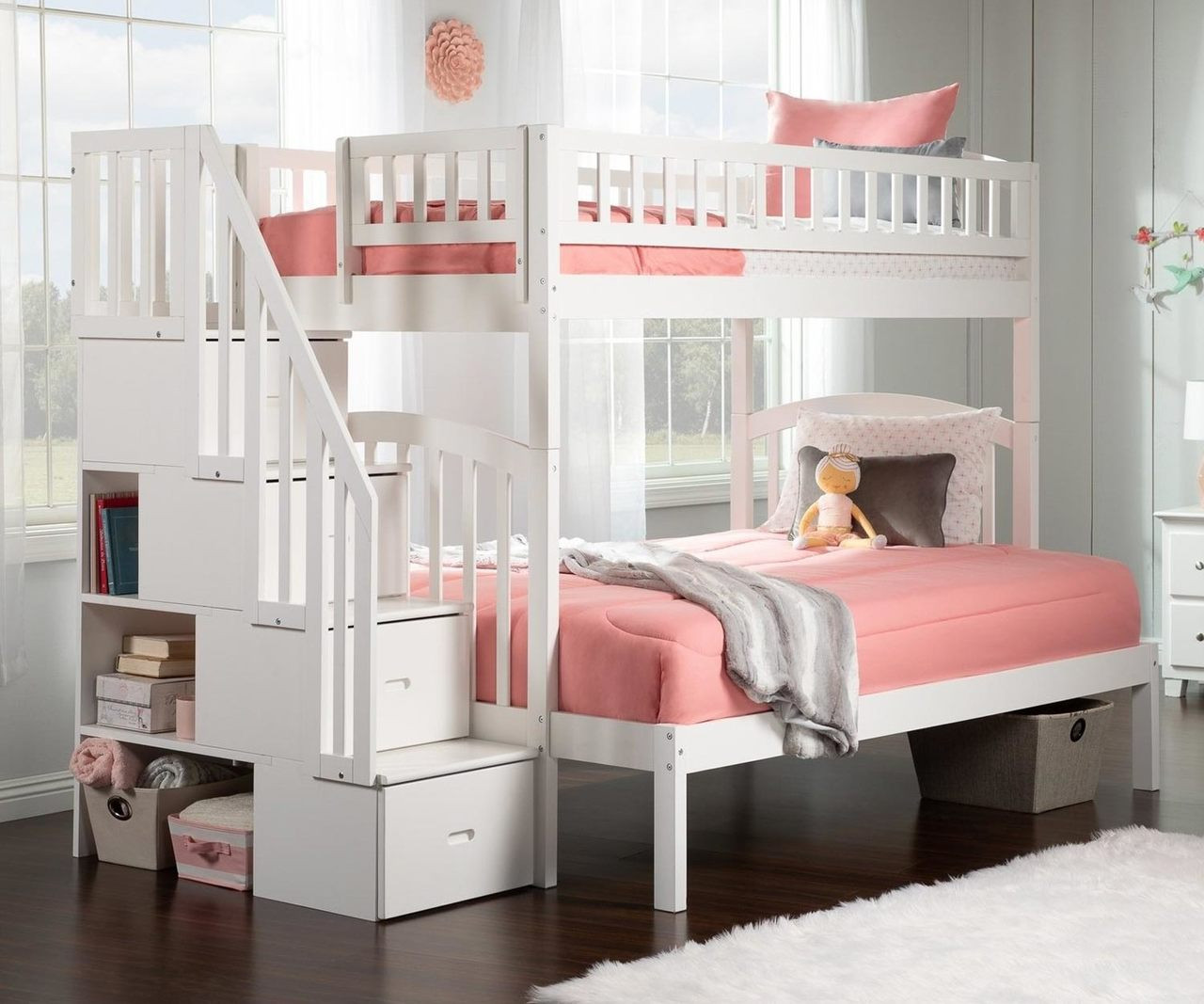 white full over full bunk beds with stairs