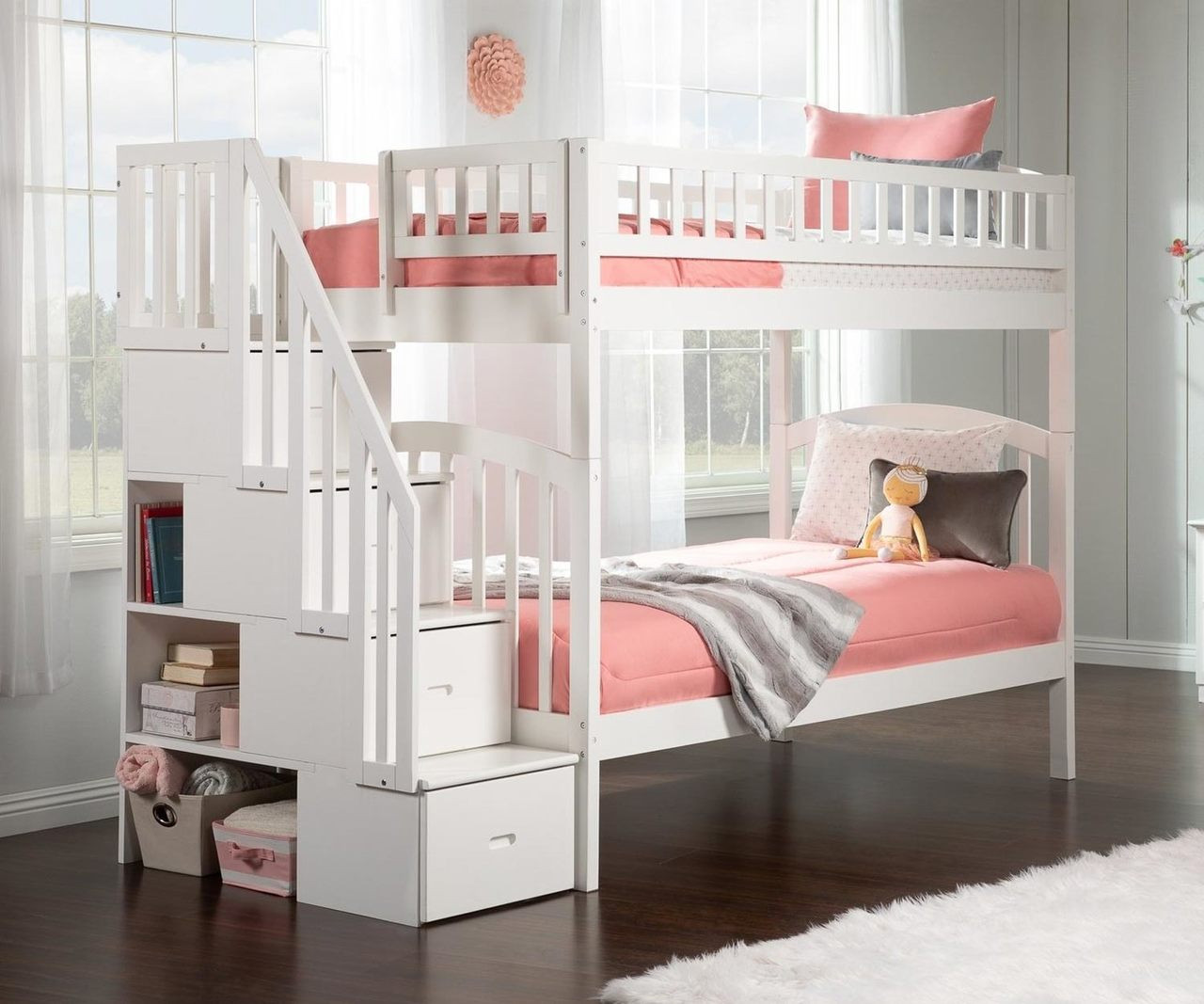 white twin bunk beds with stairs