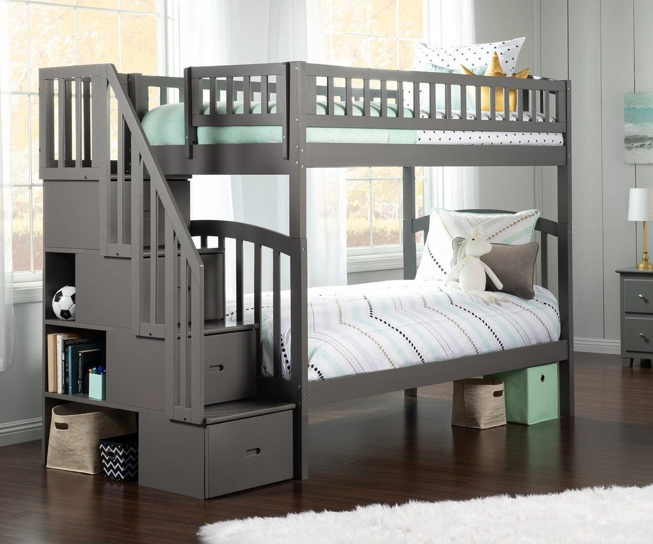 white twin bunk beds with stairs