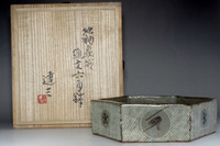 sale: Jomon Inlay deep plate w original box by Shimaoka Tatsuzo