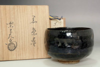 Raku 12th Konyu (1857-1932) Antique KURO RAKU pottery teabowl #5327