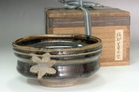 18C Japanese Edo Period Black Oribe Kutsu-gata Chawan with Leaf Motif #5349