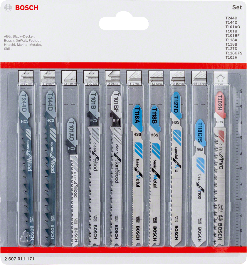 Bosch 10pc Jigsaw Blade Set (Wood/Metal/PVC) (2607011171)