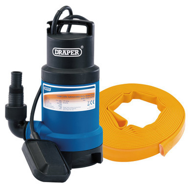 Draper Submersible Dirty Water Pump Kit with Layflat Hose & Adaptor, 200L/Min, 10m x 25mm, 350W 