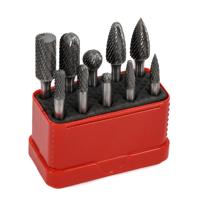 Rotary burrs set, double cut. 10pc in plastic case.
