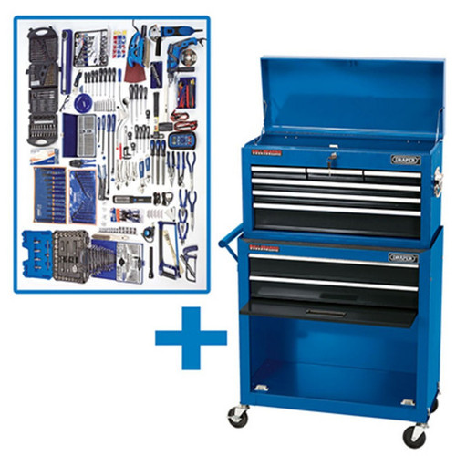 Draper mobile roller cabinet chest with integrated power tools, hand tools, and automotive diagnostic gauges.