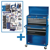 Draper mobile roller cabinet chest with integrated power tools, hand tools, and automotive diagnostic gauges.