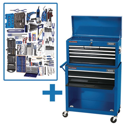 Draper mobile roller cabinet chest with integrated power tools, hand tools, and automotive diagnostic gauges.